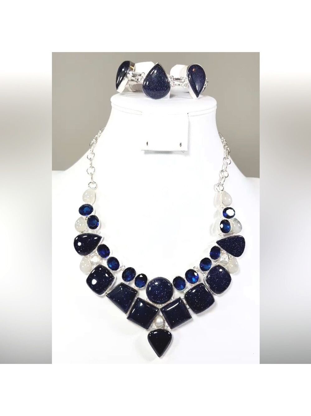 Blue Sunstone Moonstone Pearls 925 Large Necklace & Bracelet